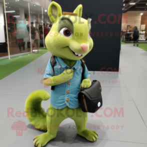 Lime Green Squirrel mascot costume character dressed with a Denim Shirt and Wallets