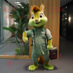 Lime Green Squirrel mascot costume character dressed with a Denim Shirt and Wallets