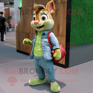 Lime Green Squirrel mascot costume character dressed with a Denim Shirt and Wallets