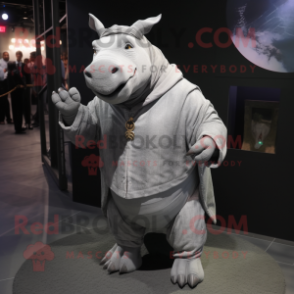 Silver Rhinoceros mascot costume character dressed with a Cargo Shorts and Shawl pins