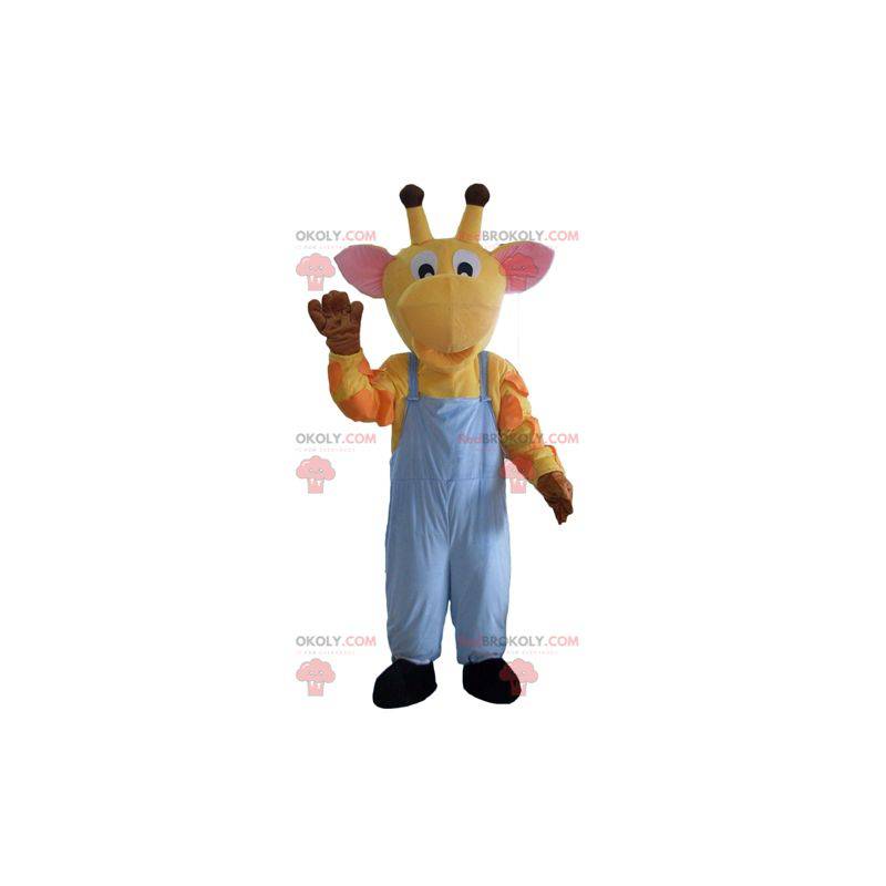 Mascotte de girafe jaune orange et rose en salopette -