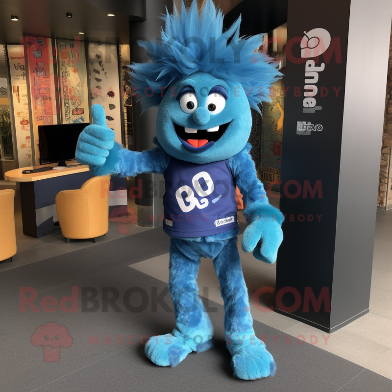 Blue Goulash mascot costume character dressed with a Skinny Jeans and Digital watches