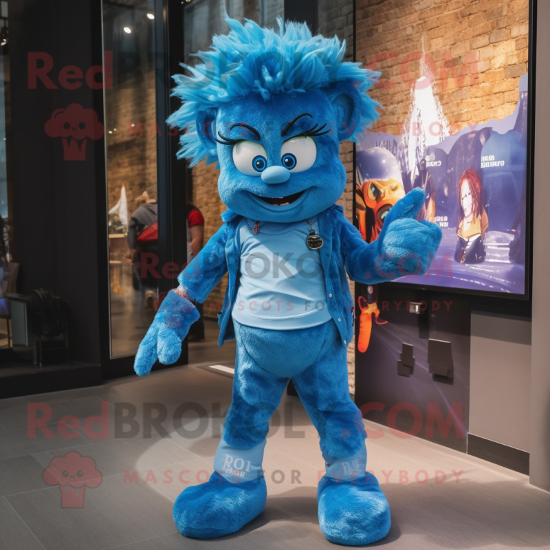 Blue Goulash mascot costume character dressed with a Skinny Jeans and Digital watches