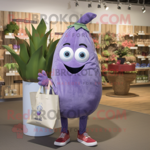Lavender Eggplant mascot costume character dressed with a Bootcut Jeans and Tote bags