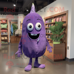 Lavender Eggplant mascot costume character dressed with a Bootcut Jeans and Tote bags