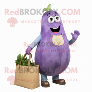 Lavender Eggplant mascot costume character dressed with a Bootcut Jeans and Tote bags