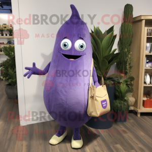 Lavender Eggplant mascot costume character dressed with a Bootcut Jeans and Tote bags