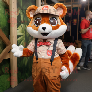 Peach Red Panda mascot costume character dressed with a Dungarees and Wraps