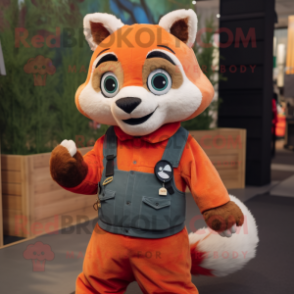 Peach Red Panda mascot costume character dressed with a Dungarees and Wraps