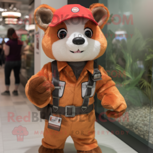 Peach Red Panda mascot costume character dressed with a Dungarees and Wraps