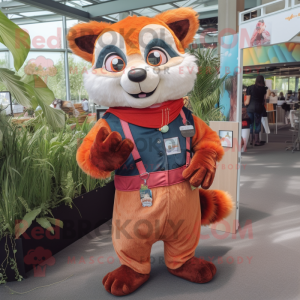 Peach Red Panda mascot costume character dressed with a Dungarees and Wraps