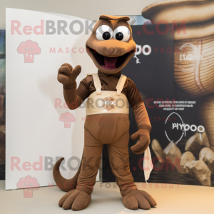 Brown Hydra mascot costume character dressed with a Polo Shirt and Suspenders
