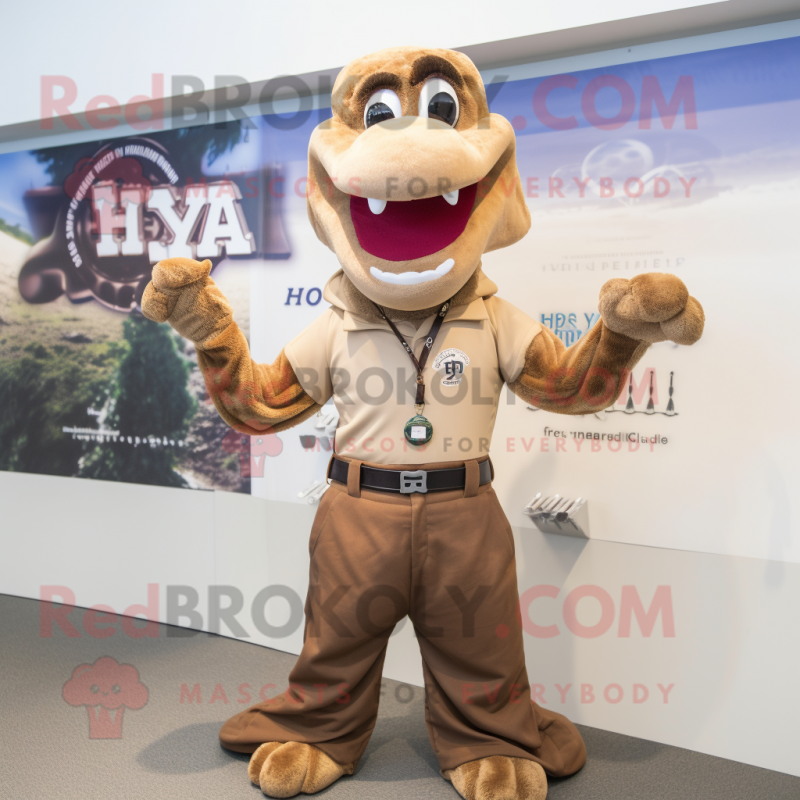 Brown Hydra mascot costume character dressed with a Polo Shirt and Suspenders