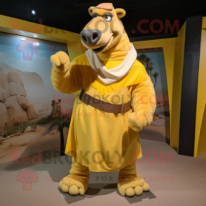 Yellow Camel mascot costume character dressed with a Bermuda Shorts and Wraps