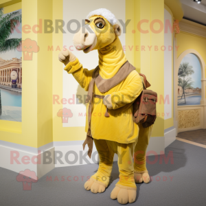 Yellow Camel mascot costume character dressed with a Bermuda Shorts and Wraps