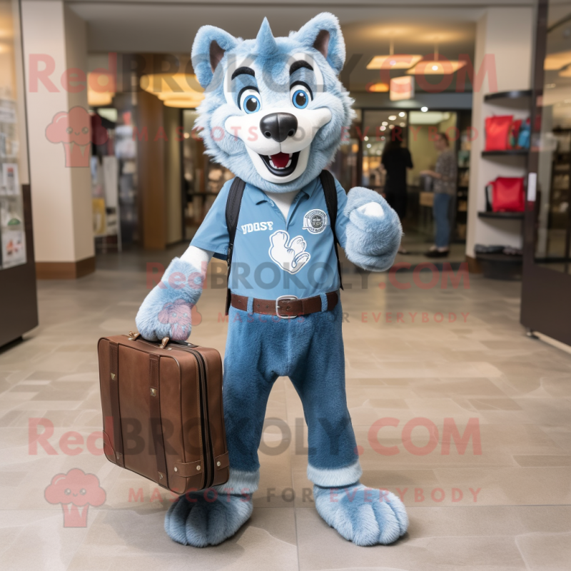 Sky Blue Say Wolf mascot costume character dressed with a Jeans and Briefcases