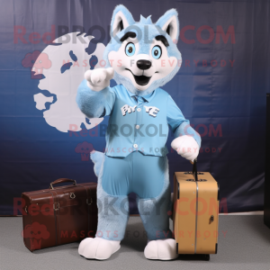 Sky Blue Say Wolf mascot costume character dressed with a Jeans and Briefcases