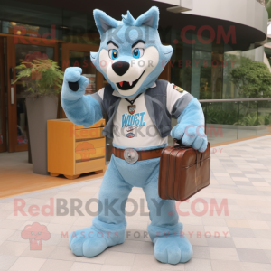 Sky Blue Say Wolf mascot costume character dressed with a Jeans and Briefcases