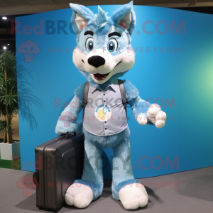 Sky Blue Say Wolf mascot costume character dressed with a Jeans and Briefcases