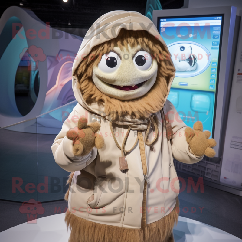 Tan Ceviche mascot costume character dressed with a Parka and Shawl pins Tan Ceviche mascot costume character dressed with a Parka and Shawl pins