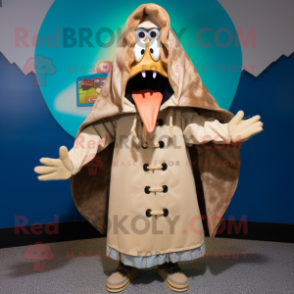 Tan Ceviche mascot costume character dressed with a Parka and Shawl pins