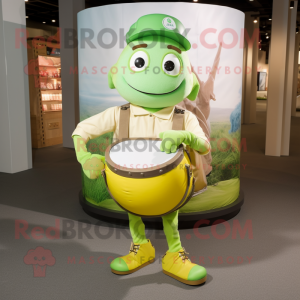 Lime Green Plate Spinner mascot costume character dressed with a Cargo Pants and Suspenders