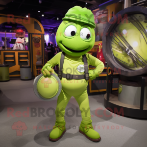 Lime Green Plate Spinner mascot costume character dressed with a Cargo Pants and Suspenders