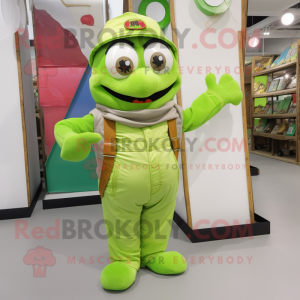 Lime Green Plate Spinner mascot costume character dressed with a Cargo Pants and Suspenders