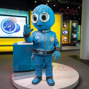Sky Blue Lemon mascot costume character dressed with a Moto Jacket and Bracelet watches