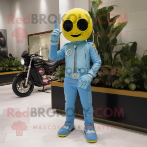 Sky Blue Lemon mascot costume character dressed with a Moto Jacket and Bracelet watches