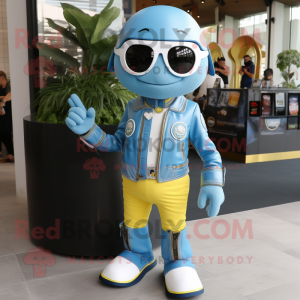 Sky Blue Lemon mascot costume character dressed with a Moto Jacket and Bracelet watches