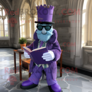 Lavender Irish Castle mascot costume character dressed with a Suit Jacket and Reading glasses
