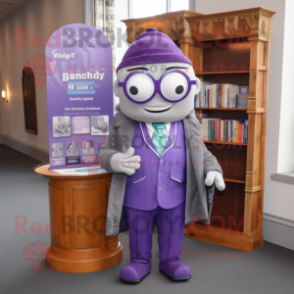 Lavender Irish Castle mascot costume character dressed with a Suit Jacket and Reading glasses