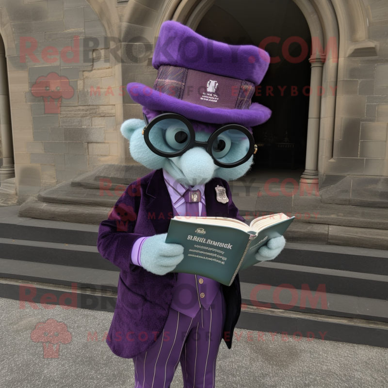 Lavender Irish Castle mascot costume character dressed with a Suit Jacket and Reading glasses