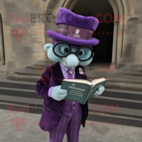 Lavender Irish Castle mascot costume character dressed with a Suit Jacket and Reading glasses