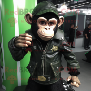 Green Chimpanzee mascot costume character dressed with a Biker Jacket and Messenger bags