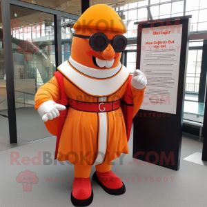 Orange Swiss Guard mascot costume character dressed with a Playsuit and Reading glasses