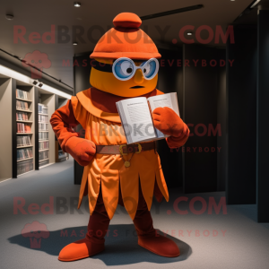 Orange Swiss Guard mascot costume character dressed with a Playsuit and Reading glasses