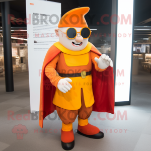 Orange Swiss Guard mascot costume character dressed with a Playsuit and Reading glasses