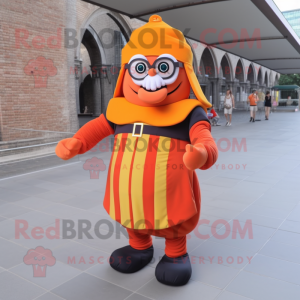 Orange Swiss Guard mascot costume character dressed with a Playsuit and Reading glasses