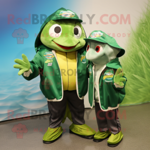 Forest Green Fish Tacos mascot costume character dressed with a Windbreaker and Hats