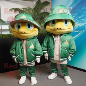 Forest Green Fish Tacos mascot costume character dressed with a Windbreaker and Hats