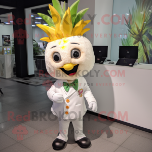 White Pineapple mascot costume character dressed with a Button-Up Shirt and Hair clips