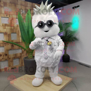 White Pineapple mascot costume character dressed with a Button-Up Shirt and Hair clips