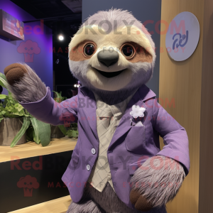 Lavender Sloth mascot costume character dressed with a Suit Jacket and Hair clips