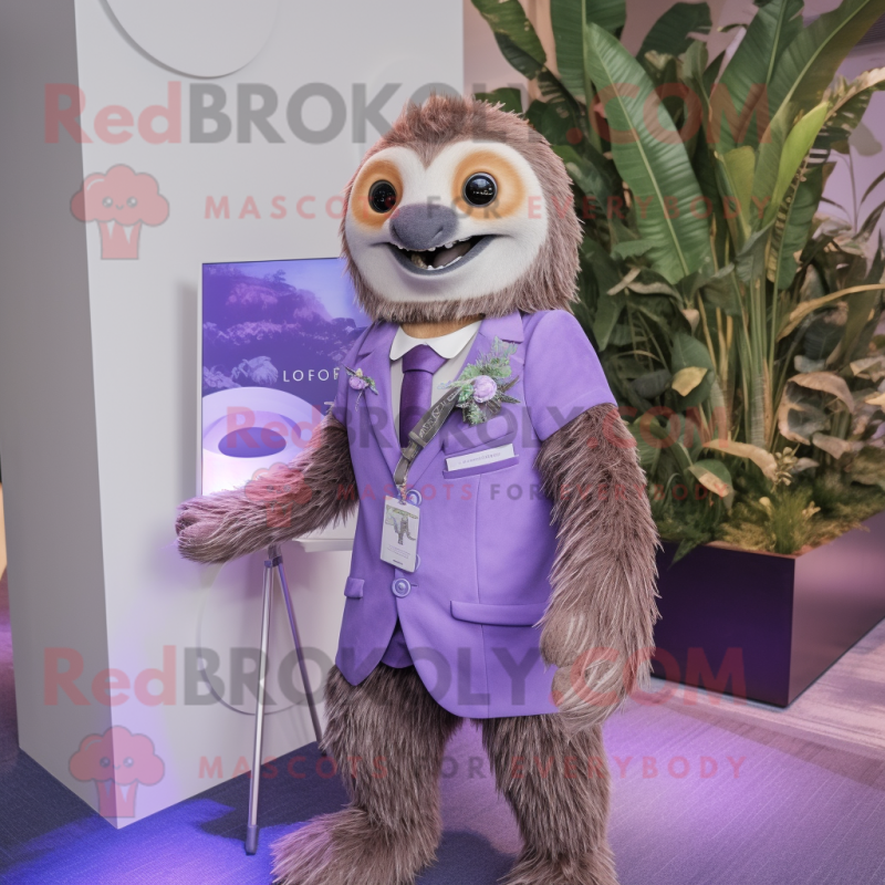 Lavender Sloth mascot costume character dressed with a Suit Jacket and Hair clips Lavender Sloth mascot costume character dressed with a Suit Jacket and Hair clips