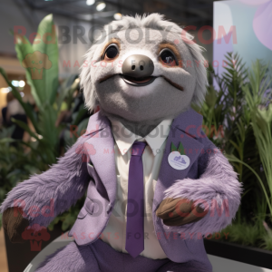 Lavender Sloth mascot costume character dressed with a Suit Jacket and Hair clips