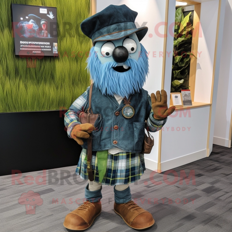 Olive Bagpipe mascot costume character dressed with a Denim Shirt and Lapel pins Olive Bagpipe mascot costume character dressed with a Denim Shirt and Lapel pins