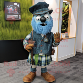 Olive Bagpipe mascot costume character dressed with a Denim Shirt and Lapel pins