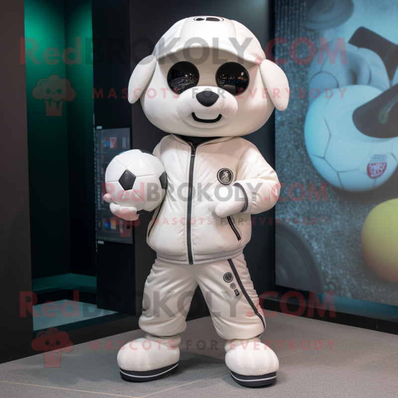 White Soccer Ball mascot costume character dressed with a Bomber Jacket and Wraps